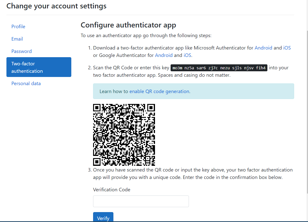 two-factor setup pagina